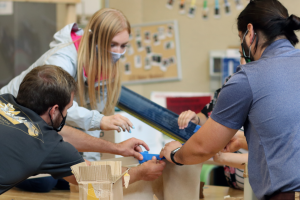 Students build a marble track at the UConn Learning Community Innovation Zone (July 2021)